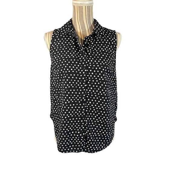 A New Day Black Polka Dot Button Front Collared Blouse Women Sz M - Picture 1 of 8